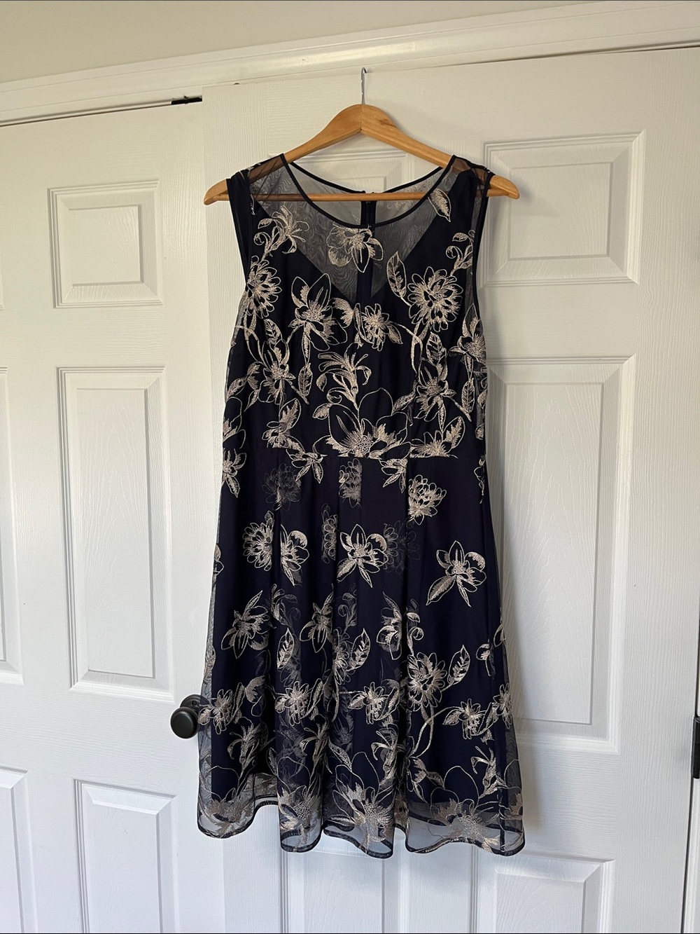 Tahari Navy Dress with Gold Floral Embroidery